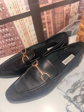 Steve Madden Black Leather Loafers with Gold Bit Hardware